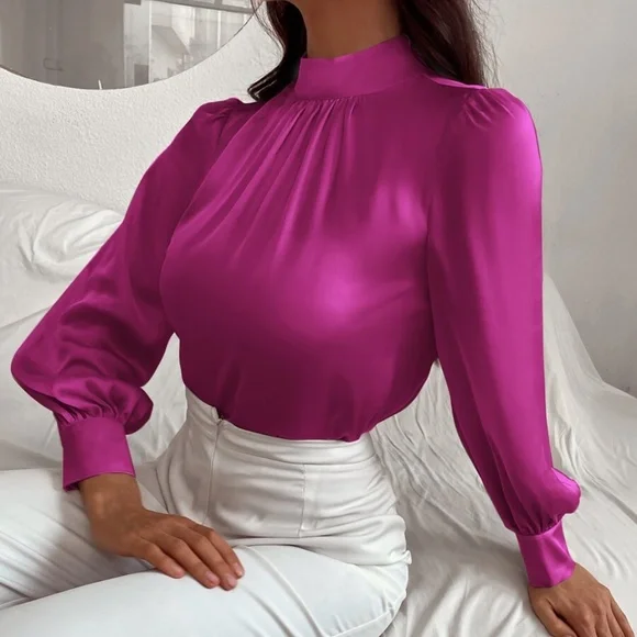 Classic High Neck pleated Satin long sleeve Top - Picture 10 of 11